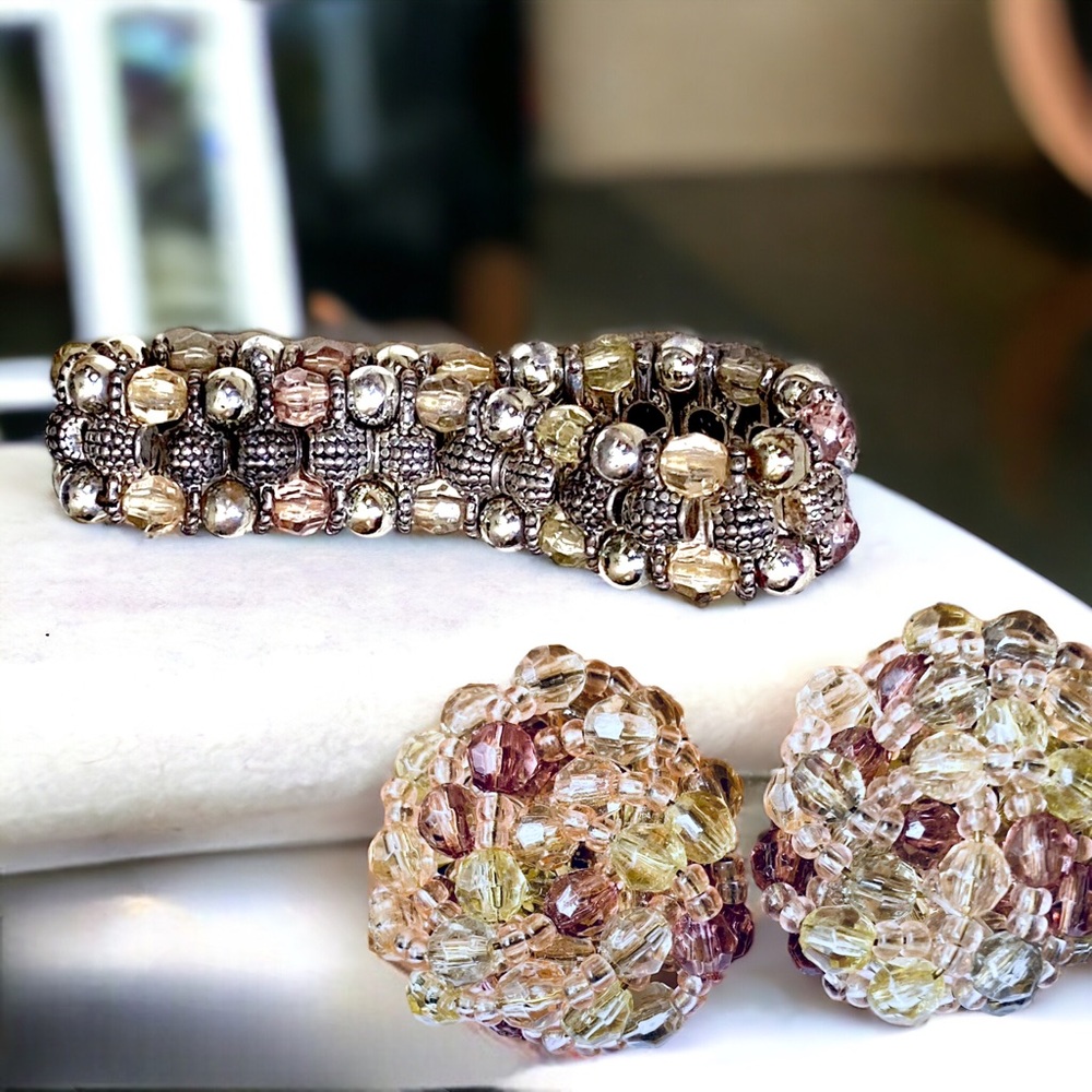 Vintage Set Faceted Crystal Cluster Bead Clip-On Earrings +  Stretch Bracelet